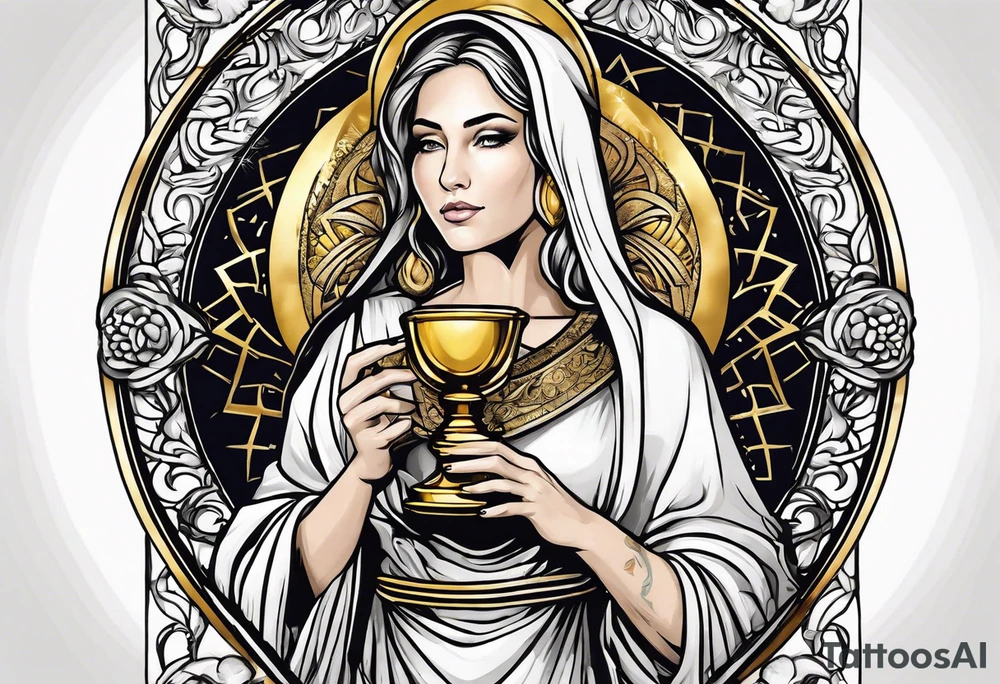 woman saint holding chalice surrounded by golden halo sideways tattoo idea