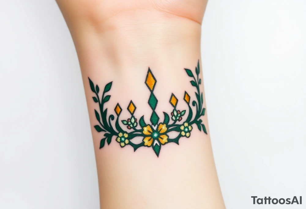 A crown made of intertwined vines with diamond flowers scattered throughout, rendered in green and gold with diamond-like sparkles in white and pale blue. tattoo idea