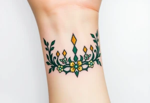 A crown made of intertwined vines with diamond flowers scattered throughout, rendered in green and gold with diamond-like sparkles in white and pale blue. tattoo idea