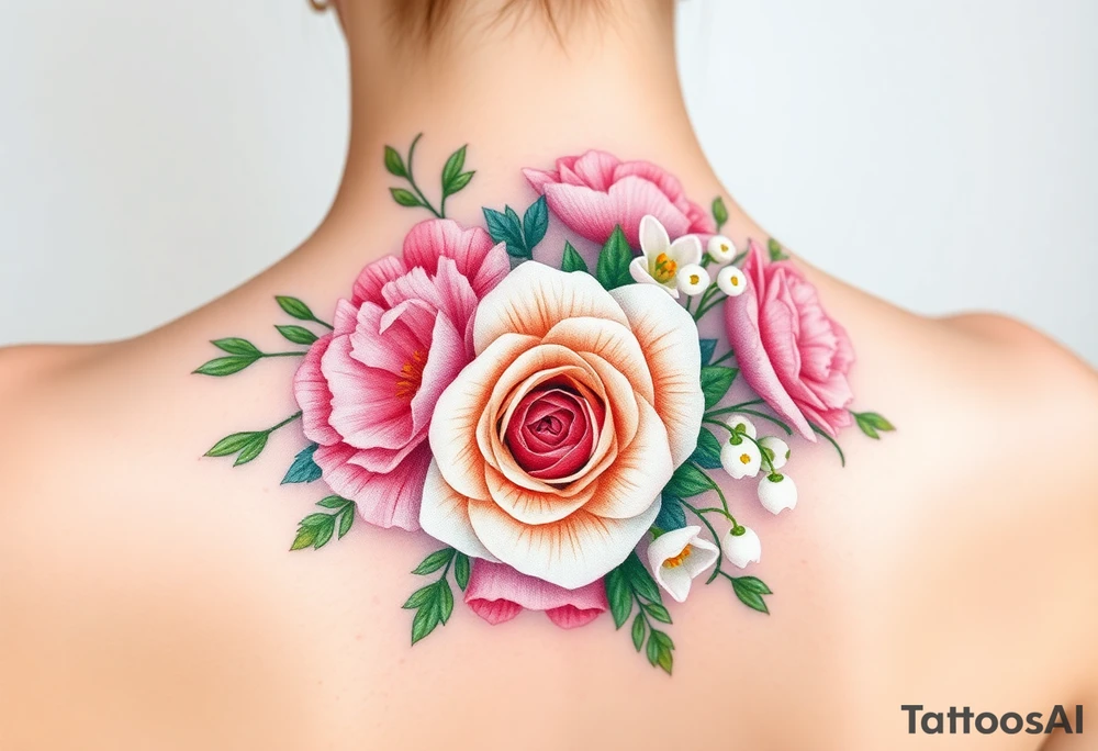 3d Bouquet of Carnation, Astor, Rose, Lily of the valley, Larkspur with realistic, pastel colors with no black tattoo idea