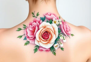 3d Bouquet of Carnation, Astor, Rose, Lily of the valley, Larkspur with realistic, pastel colors with no black tattoo idea