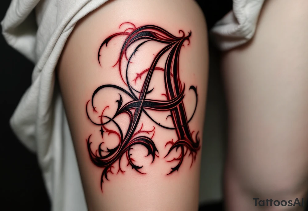 A bold gothic-style "A" in deep crimson with dark shadowing. tattoo idea