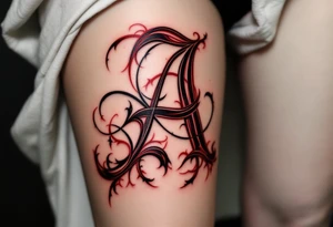 A bold gothic-style "A" in deep crimson with dark shadowing. tattoo idea