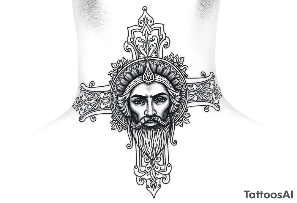 A large Orthodox cross with ornate detailing
Christ Pantocrator face (very traditional Orthodox icon style) tattoo idea