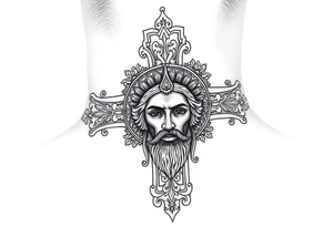 A large Orthodox cross with ornate detailing
Christ Pantocrator face (very traditional Orthodox icon style) tattoo idea