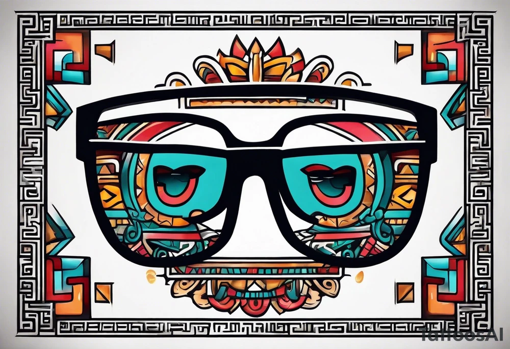 Colorful simple realistic Mayan hieroglyph wearing sunglasses tattoo idea