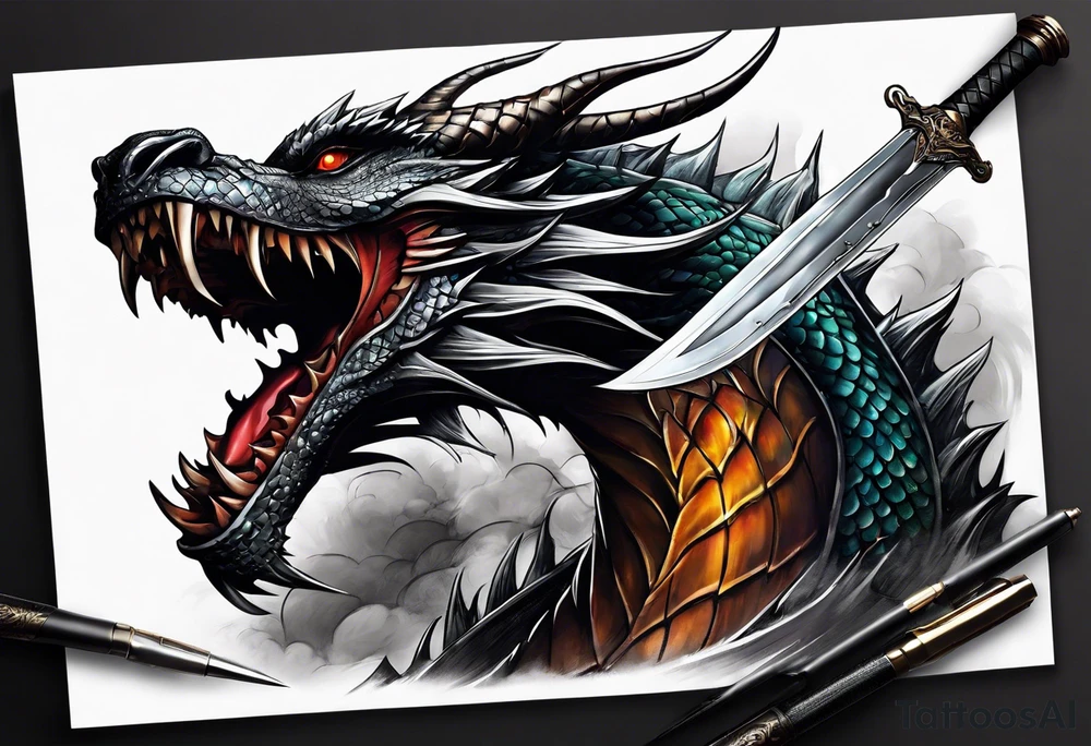 show me a tattoo design where there is a sword and a dragon wrapped around it tattoo idea
