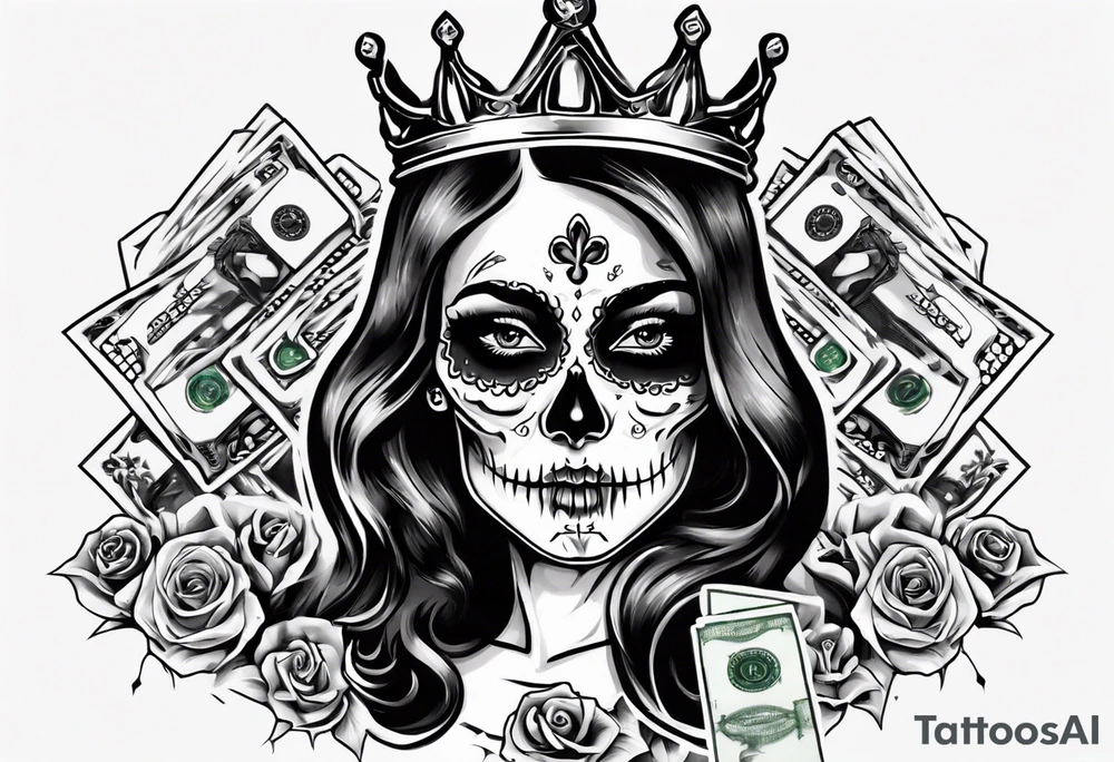 santa la muerta with money and crown
on the card tattoo idea