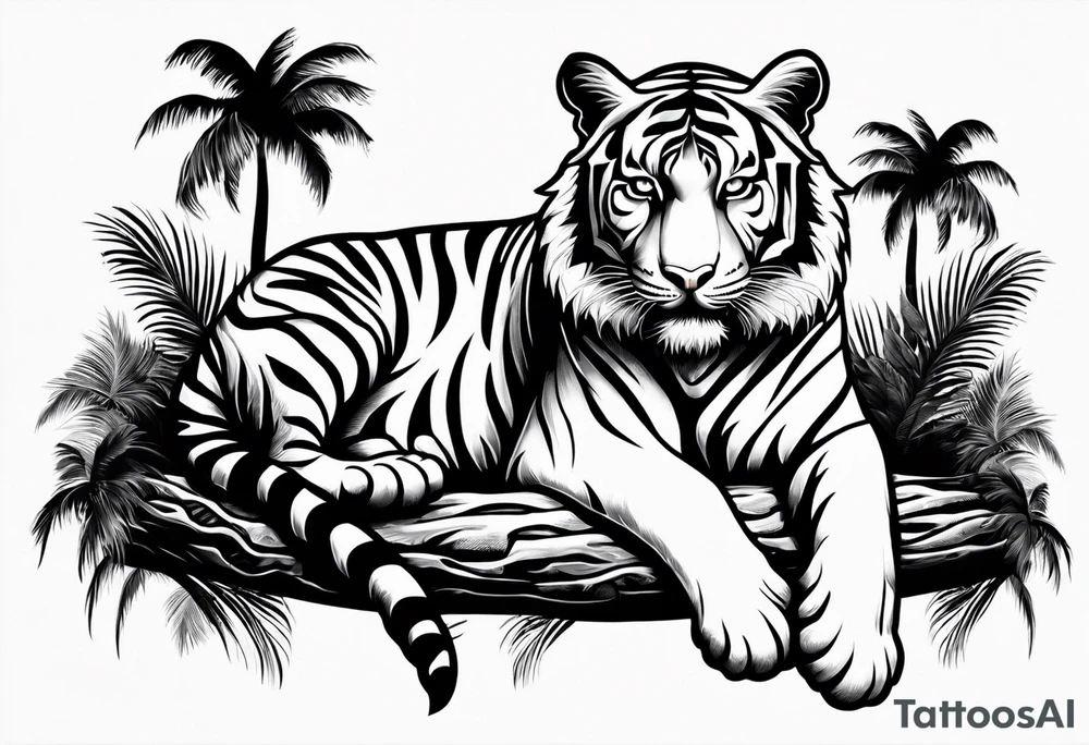 tiger laying on palm tree tattoo idea