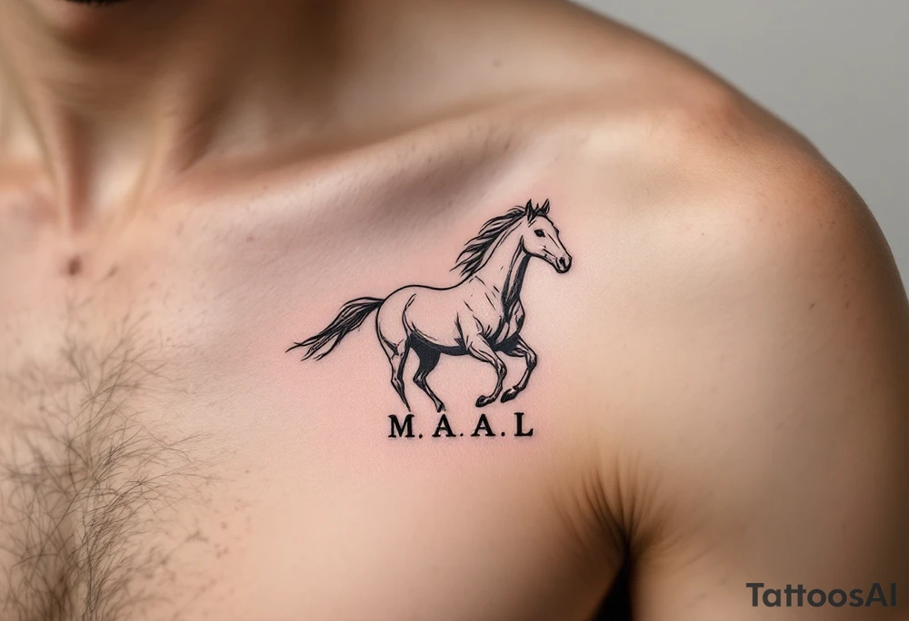 horse silhouette 
from the front which gallops from the front, with the 3 small letters discreetly integrated: M, A, L tattoo idea