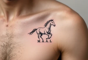 horse silhouette 
from the front which gallops from the front, with the 3 small letters discreetly integrated: M, A, L tattoo idea