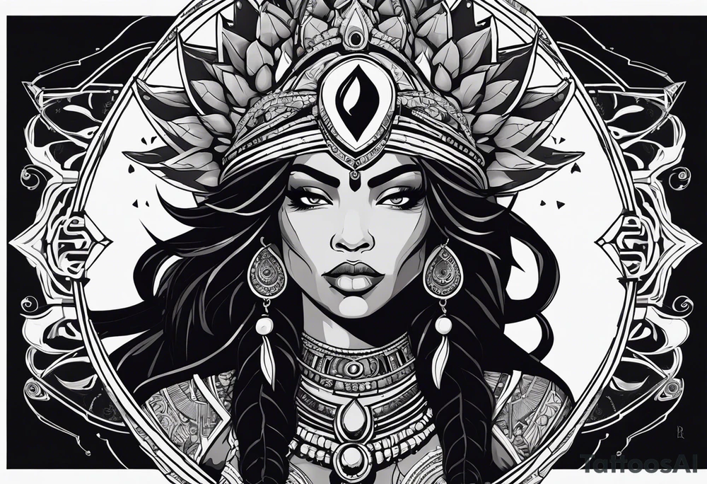 valkrye, kali, pirate, african goddess, , warrior, native american, lotus, zenza resonance, skulls, dragon, pachamama, left side face, chest, right wing, tattoo idea