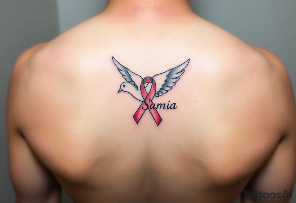 A dove carrying a breast cancer ribbon with the name Samia. tattoo idea