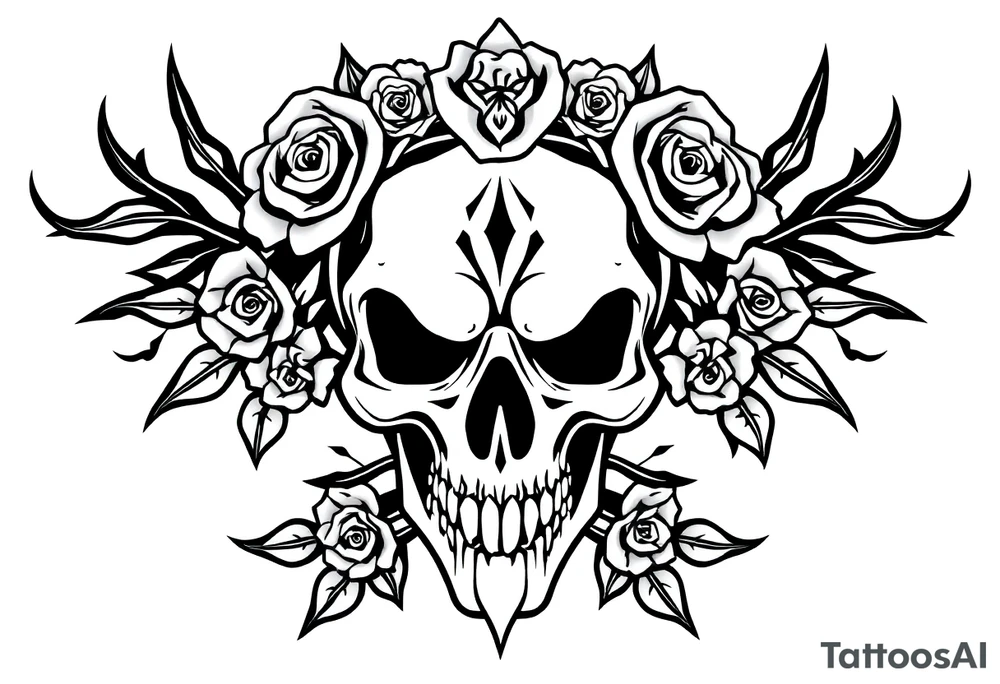 ornate skull adorned with crown of wild roses and thorns tattoo idea
