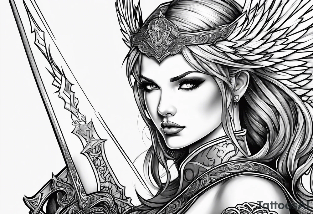 Female angel with sword lightning and lightning eyes tattoo idea Female angel with sword lightning and lightning eyes tattoo idea