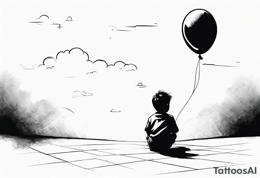 little boy with a balloon flying towards the sky with hopscotch games tattoo idea