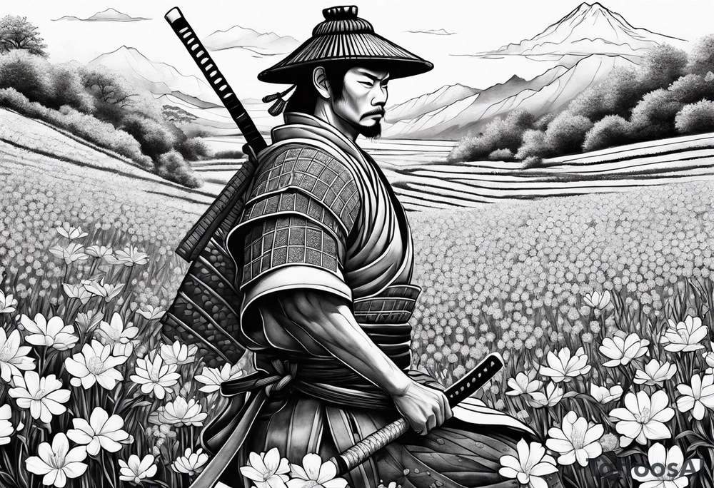 Samurai in flower field tattoo idea