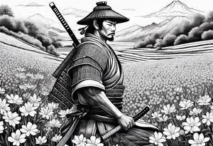 Samurai in flower field tattoo idea