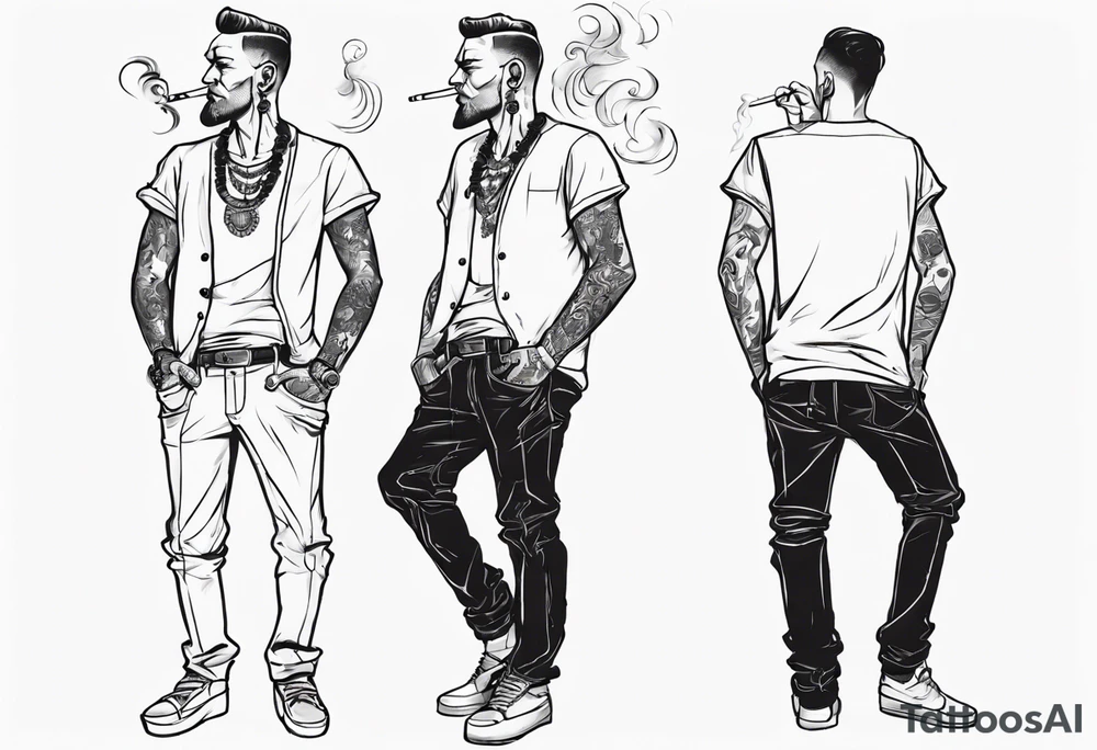 A man standing full-length, smoking a cigarette, with earrings in his ears, no headgear tattoo idea