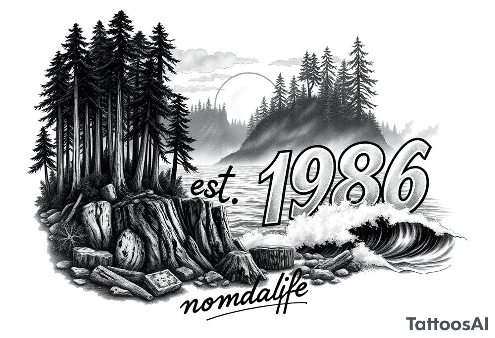 Collage of Redwood forest cliff huge trees campfire smoke and sunset meeting ocean  with huge waves crashing on the rocky shoreline and a night ski with the words "est.1986 nomad life" in graffiti like old English custom letters tattoo idea