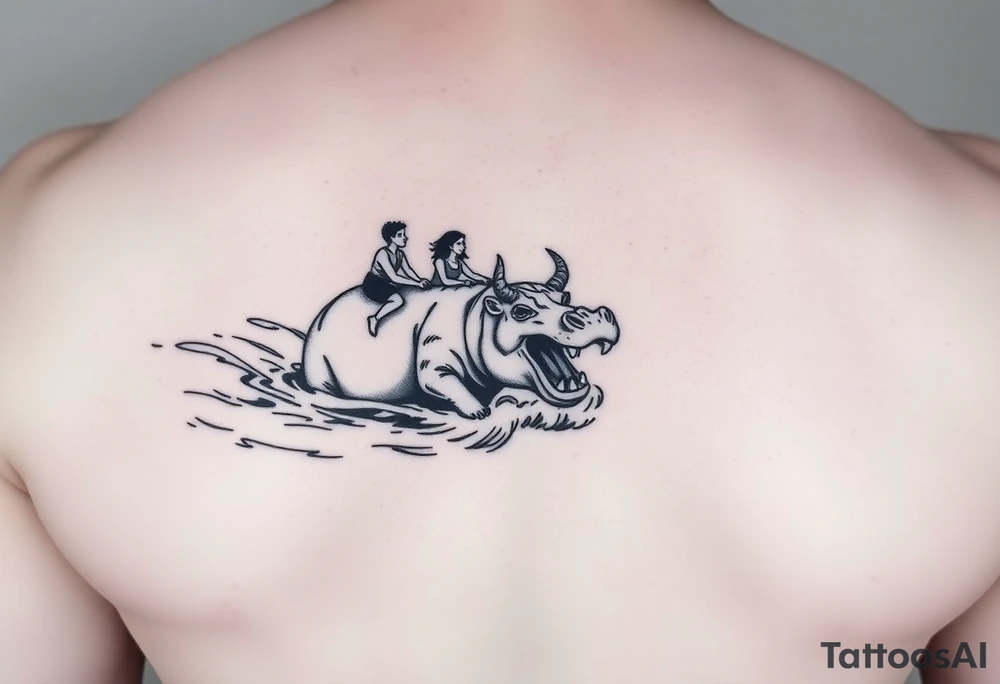 2 miniature people who are majestically floating down a river as a angry hippopotamus with goat horns chasing them tattoo idea