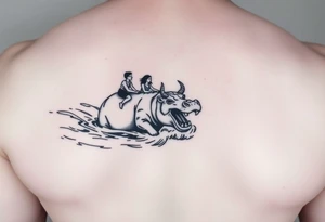 2 miniature people who are majestically floating down a river as a angry hippopotamus with goat horns chasing them tattoo idea