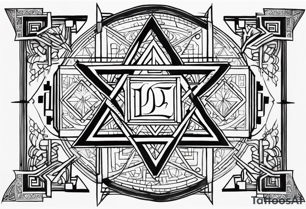 Ancient tetragrammaton to represent God's chosen one with elegant flair and the names "Vivian" and "Brandon" hidden in the background tattoo idea