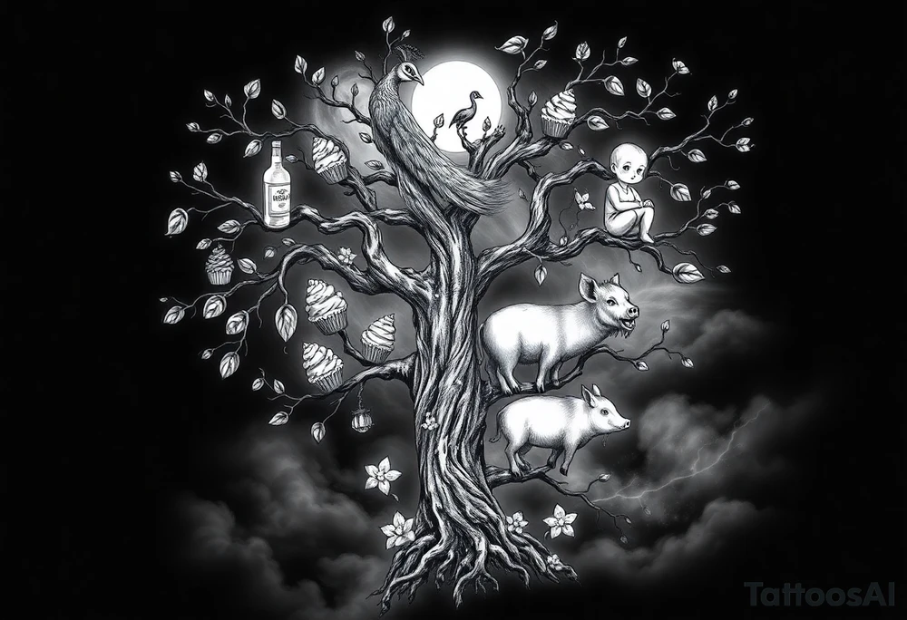 mystical tree  with cosmic  branches fat naked sexy woman , peacock , pig , cupcakes, liquor, cigerette, Storm clouds, pig, peacock , fat sexy naked fat woman, cupcakes, noose , money, goat lion, man sex toys pussy dicks, cigerette storm lightening, killing, darkness death, violent majestic creatures and tattoo idea