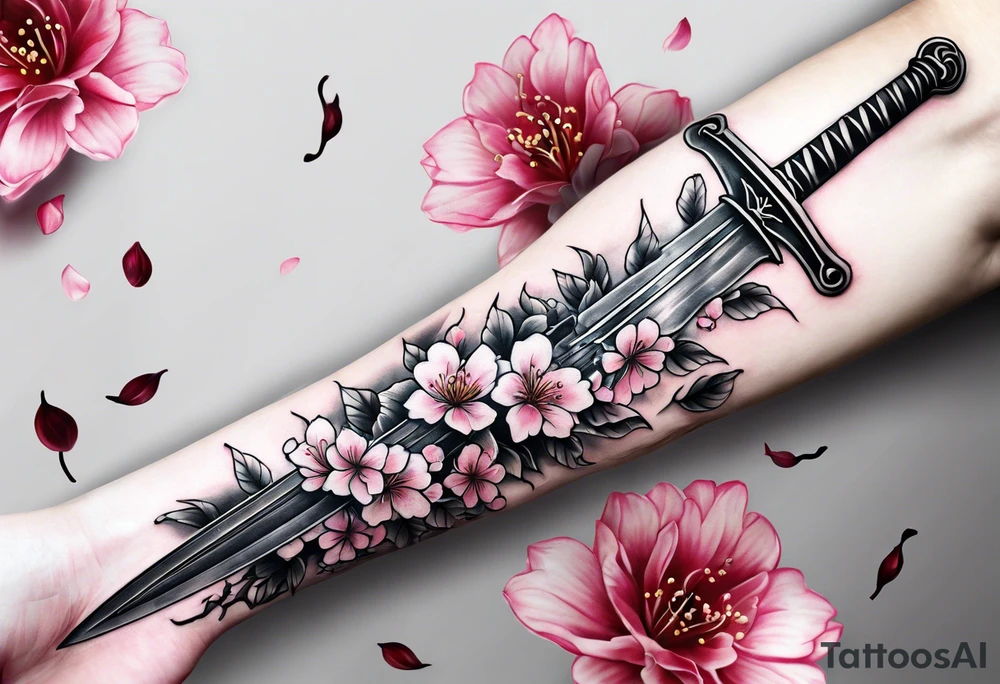 Japanese cherry blossoms sword forearm tattoo tattoo idea