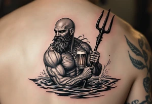 young, happy, fit, balding, poseidon in calm water, holding a trident, drinking a beer, with sunset, with ski boat tattoo idea