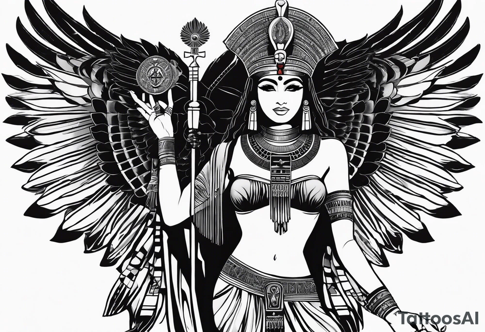 black and white Egyptian goddess Isis, who is often depicted as a woman with outstretched wings, holding an ankh (a symbol of life) in one hand and a lotus flower in the other. Her headdress often includes a throne or a solar disk. The tattoo design can vary in style and size, but it typically aims to capture the essence of this revered Egyptian deity, emphasizing her beauty, power, and maternal qualities. The choice of colors and additional elements can also be customized to create a unique and visually striking representation of the goddess Isis tattoo idea