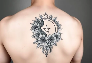 Flower sleeve surrounded by moon and star design for arm tattoo idea