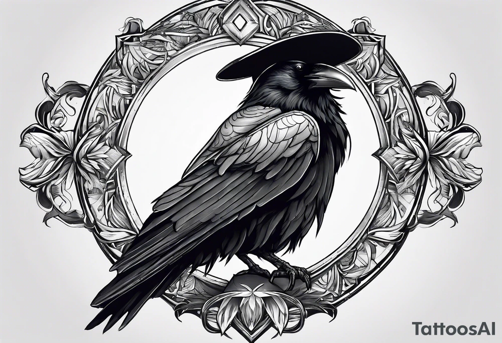 Raven facing forward sitting on a hat tattoo idea