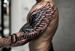 “Dunning” on left arm,details include bold strong font, faint gold highlights, theme of wealth,angel wing tattoo idea