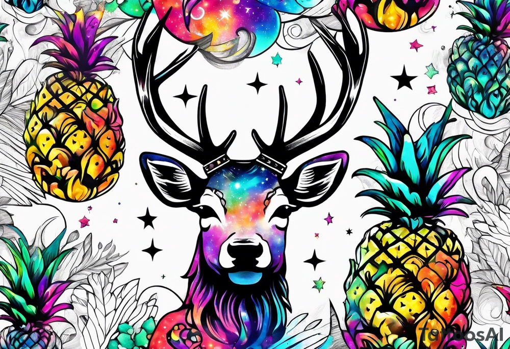 stag featuring colours of the universe and galaxies and pineapples in amsterdam tattoo idea