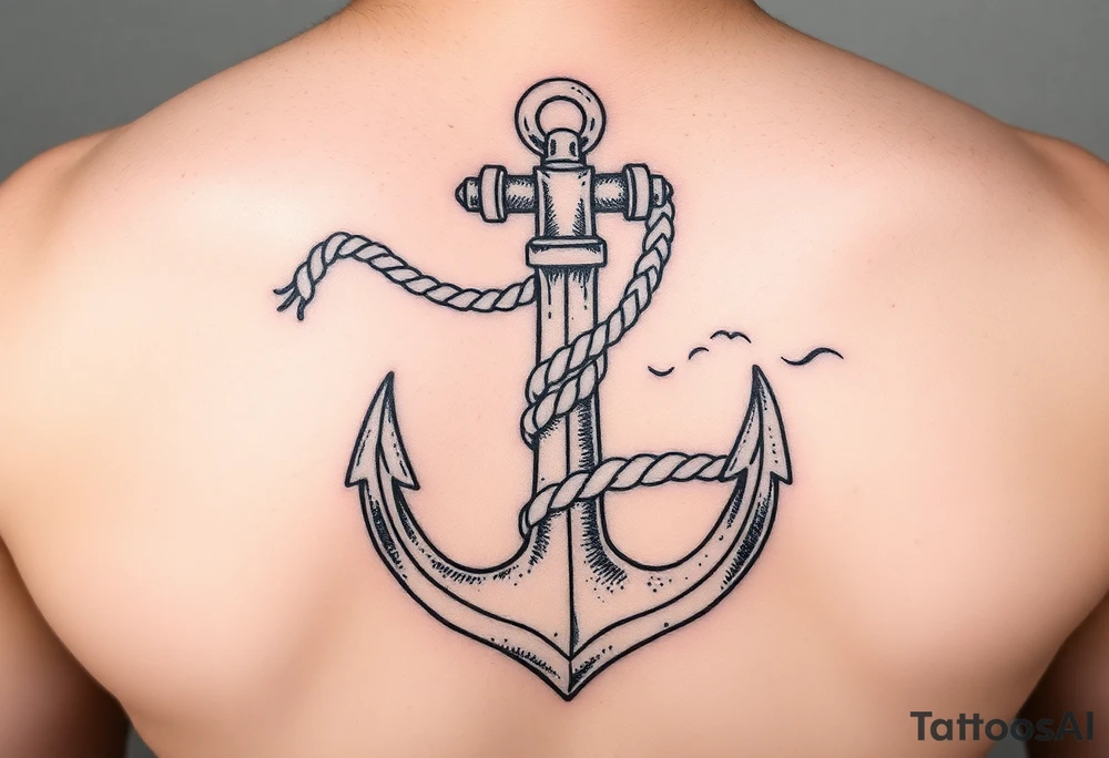 weathered anchor wrapped in nautical rope with sea waves tattoo idea