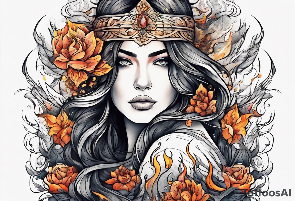 Resurrection strength and courage Beautiful Woman walking through fire and chaos to inner peace and self-love  ethereal tattoo idea