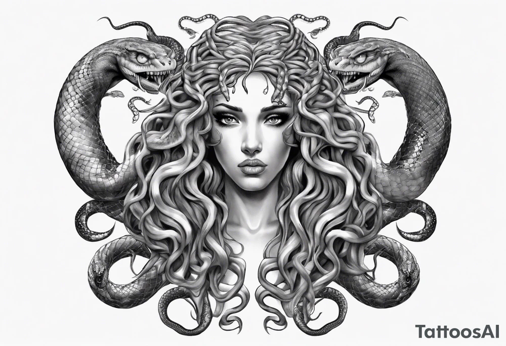 Medusa front profile with snakes for hair and white eyes tattoo idea