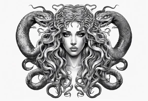 Medusa front profile with snakes for hair and white eyes tattoo idea