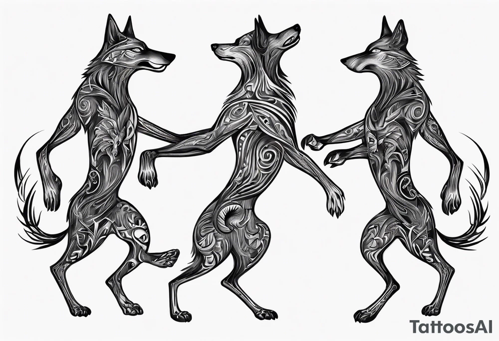stick figures of two wolves dancing on their hind legs. tattoo idea