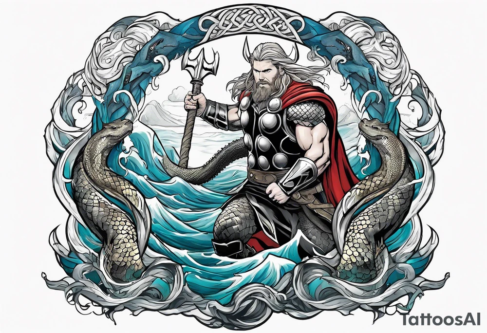 Thor getting eaten by the world serpent in the ocean tattoo idea