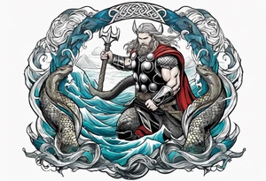 Thor getting eaten by the world serpent in the ocean tattoo idea