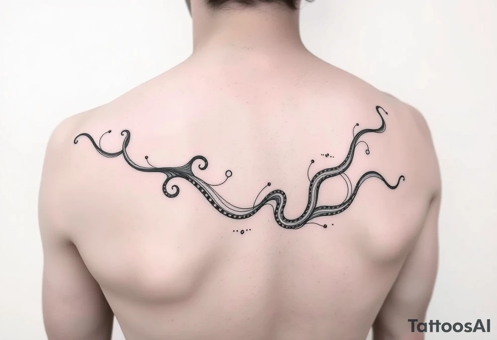 abstract tattoo design, flowing fine black lines, minimalistic style, psychedelic ink pattern, looks like gasoline or oil floating on water, iridescent texture implied, delicate and organic line swirls, elegant liquid shapes, abstract stream of ink, subtle illusion of an octopus, hidden tentacle forms, not literal animal, just hints, emerging in the fluid forms, surreal and trippy vibe, feminine and graceful, non-representational, semi-random ink trails, vapor-like flow, inspired by oil slicks, smoke or mist patterns, dynamic and hypnotic, modern abstract linework, echo of marine shapes, no solid fills, transparent and airy, Pis Saro and Balazs Bercsenyi inspiration tattoo idea