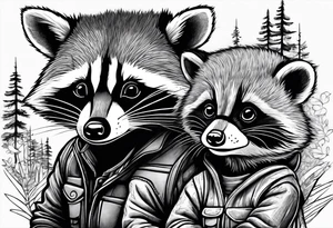 Hard working Raccoon Husband with wife ans child.
Background House and woods tattoo idea