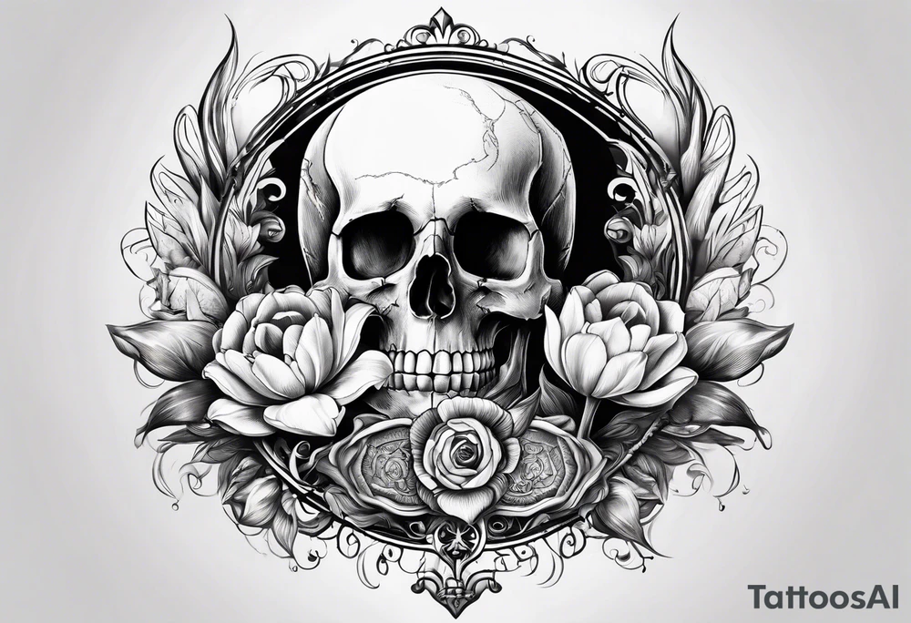 Tulip, Skull, hourglass. With Amor Fati and Memento Mori in circled tattoo idea