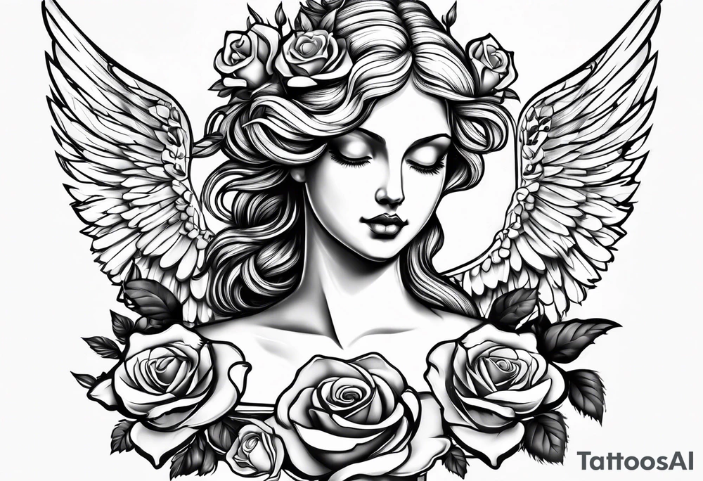 Angel, roses, name MARTINA tattoo idea