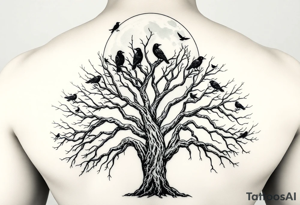 A very realistic, large tree of life that is bare with lots of crows above it a moon that’s large behind the whole thing and two Viking hatches that would go across my shoulder blades. This is a backpiece. tattoo idea