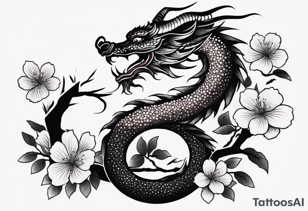 dragon, japanese, female, cherry blossoms, vines, elegant, minimalist, sleek tattoo idea