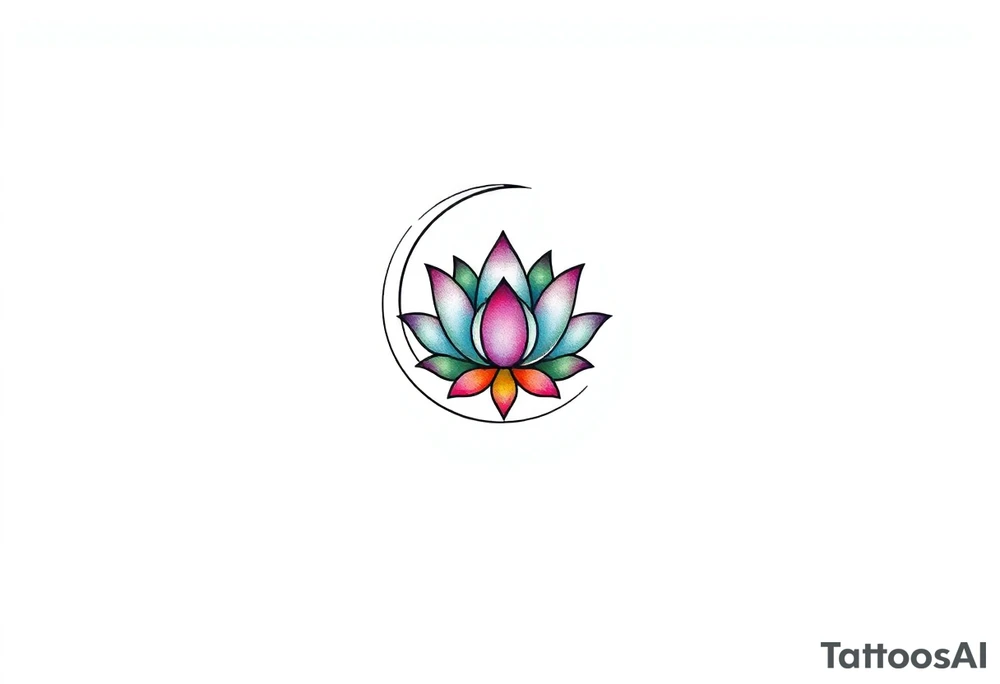 small colorful crescent moon with lotus flower tattoo idea