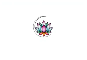 small colorful crescent moon with lotus flower tattoo idea